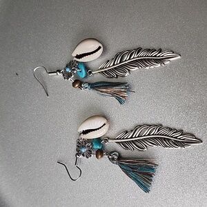 Boho Gypsy Sisters Silver and Turquoise Feather Earrings